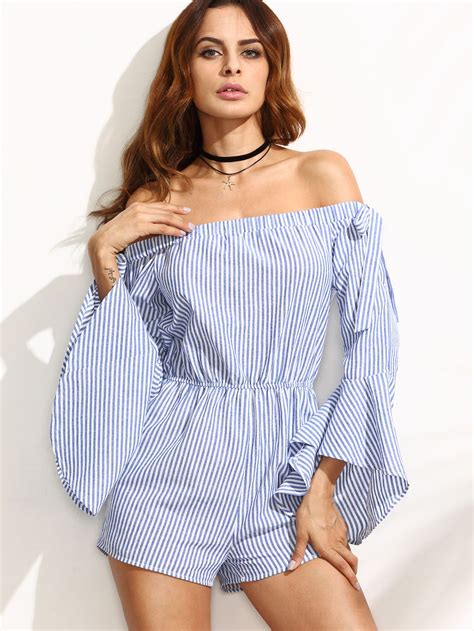 Blue Striped Bow Ruffle Sleeve Off The Shoulder Jumpsuit | Fashion, Shein outfits, Fashion jobs