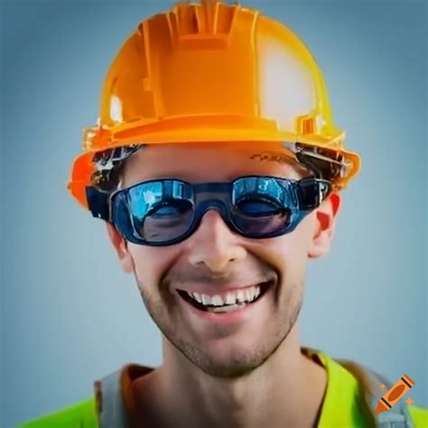 Smiling man with hard hat and safety goggles on Craiyon