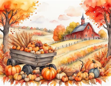 Watercolor ink painting of a bountiful Fall Harvest, autumn colors, storybooks illustration ...