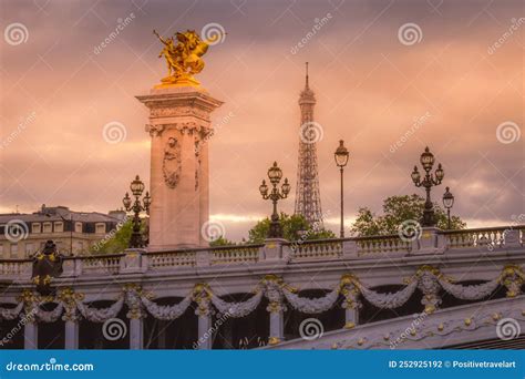 Eiffel Tower and Pont Alexandre III at Dramatic Sunset, Paris, France ...