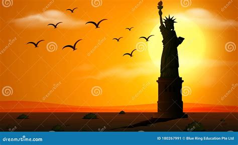 Silhouette Scene with Statue of Liberty at Sunset Stock Vector - Illustration of scenery, scene ...