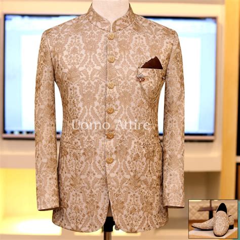 Golden embriodered fabric prince coat – Uomo Attire