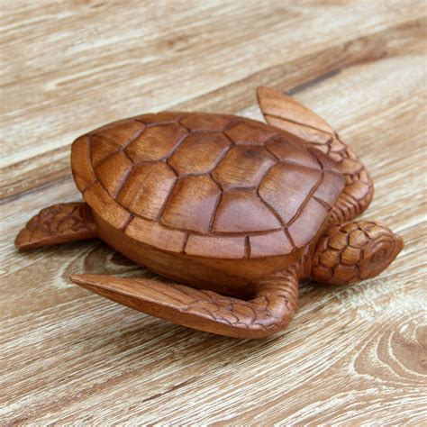 Hand Carved Wood Sculpture Decorative Box - Sea Turtle Guardian | NOVICA