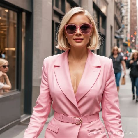 Blonde BobCut Woman in Pink Exiting NYC Office Amid Paparazzi Frenzy with Sunglasses | AI Image ...