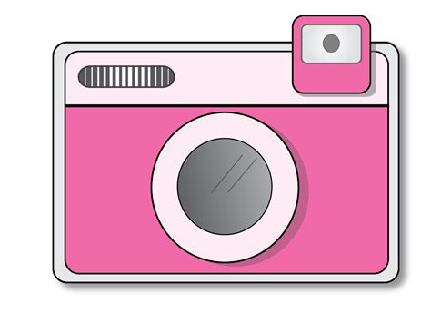 a pink camera with a white background and clippings on the front, side view