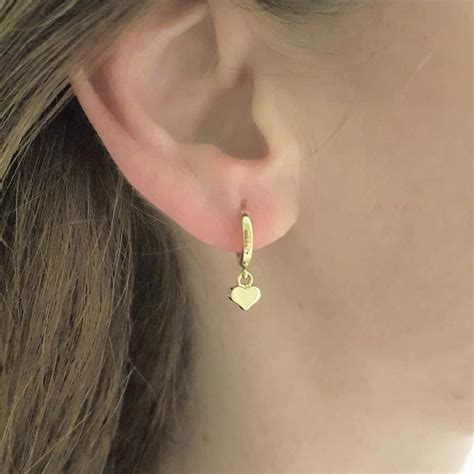 14K Real Solid Gold Heart Dangle Drop Hoop Earrings for Women