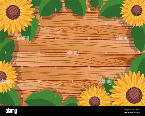 Top view of blank wooden table with leaves and sunflower elements ...