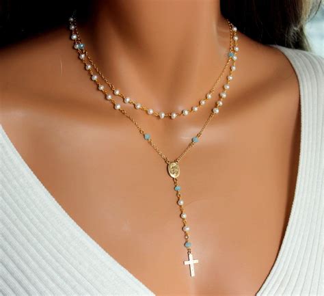 Necklace Rosary Women 14kt Gold Filled Cross Necklaces Miraculous Double Layer Freshwater Pearls ...