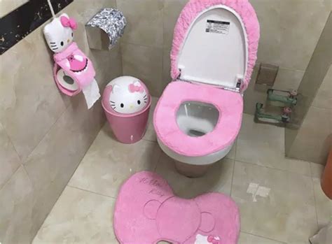 Hello Kitty Inspired Bathroom Toilet Accessories Decoration lid and seat cover toilet paper case ...