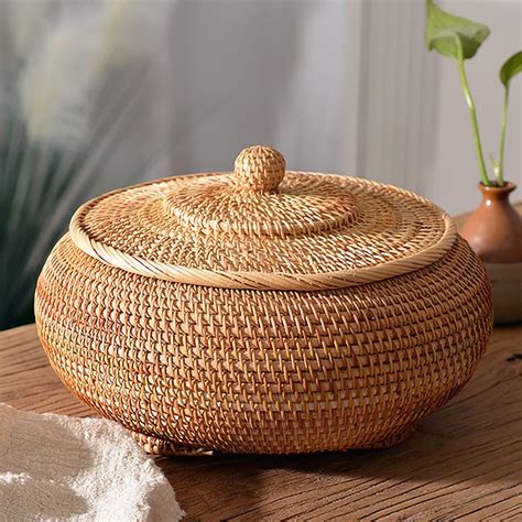 Round Woven Basket with Lid Rattan Basket with Lid for Home | Etsy