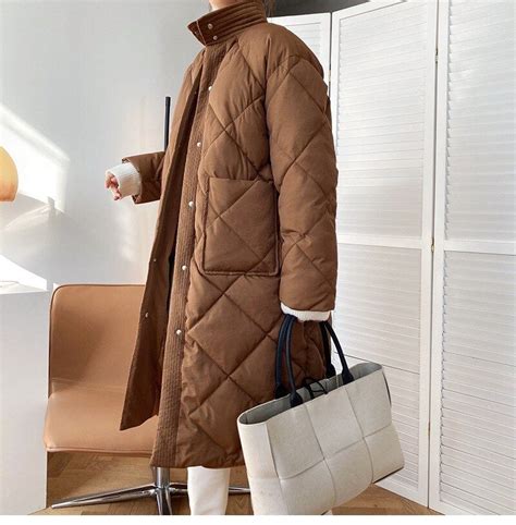 New Korean Style Long Stand-Up Collar Argyle Pattern Parka Coat For Wo | Jackets for women ...