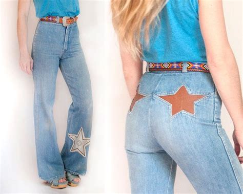 RARE 70s High Waisted Bell Bottom Jeans w/ Leather Star Patches ...