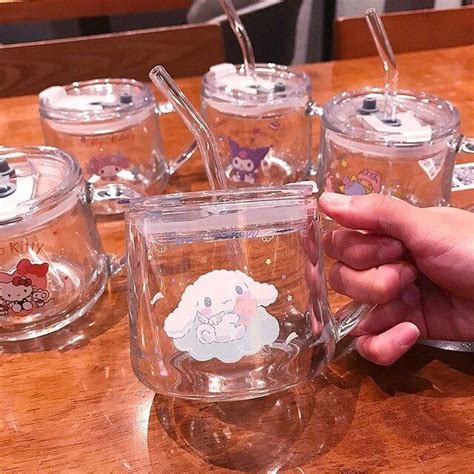 Sanrio Simple Hello Kitty Water Cup Melody Cup Cinnamoroll Kuromi Glass with Lid Cute Cartoon ...