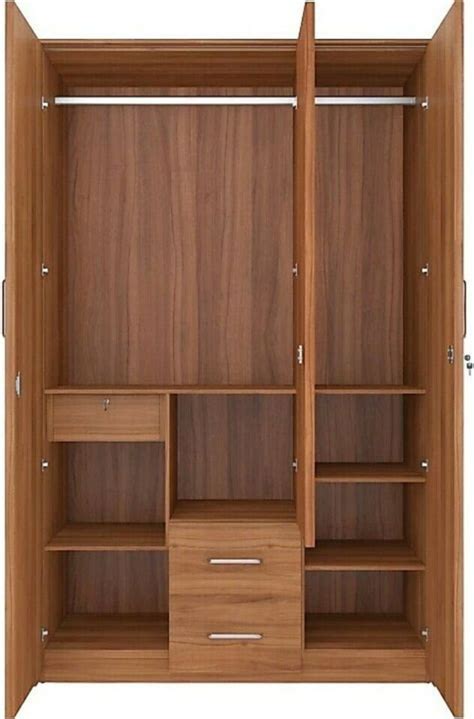 an open wooden wardrobe with drawers and shelves