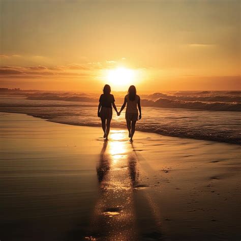 Premium AI Image | Two women walk on the beach holding hands.