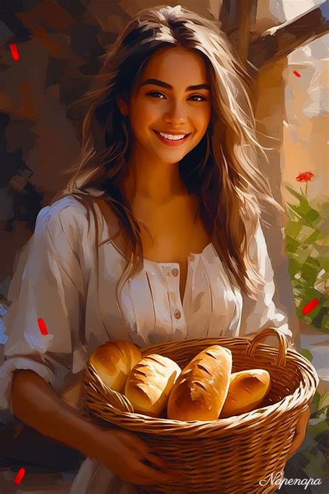 a painting of a woman holding a basket full of baked goods in front of her