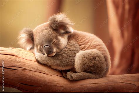 A baby koala bear sleeping in a tree, its arms hugging a branch while its face is peaceful and ...