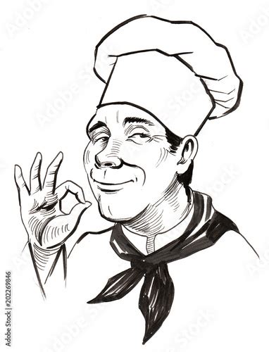 "Chef showing o.k.sign. Ink black and white drawing" Stockfotos und ...