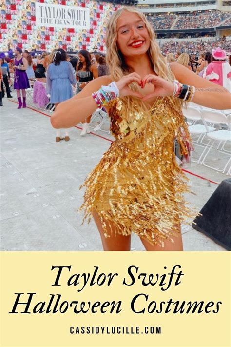 a woman in a gold dress making a heart shape with her hands and the words taylor swift halloween ...