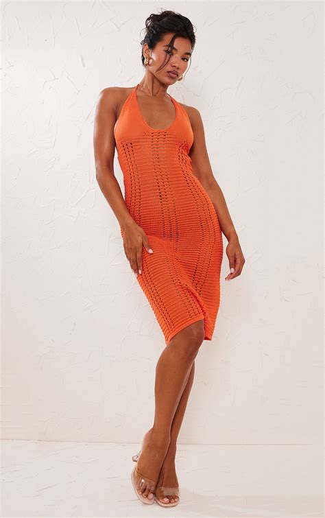 Burnt Orange Crochet Midi Dress | Knitwear | PrettyLittleThing CA