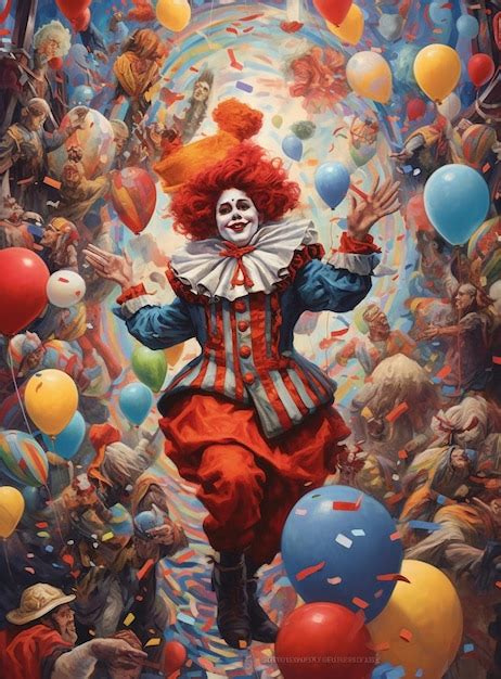 Premium Photo | A clown with red hair and white and blue balloons in the background.