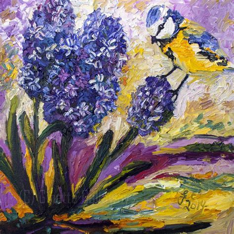 Spring Blue Hyacinth Songbird Impressionist oil Painting the artist Ginette