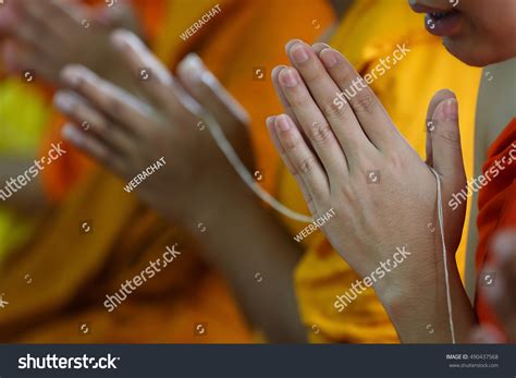 Buddhist Monks Praying Hands Ritual Prayer Stock Photo 490437568 ...