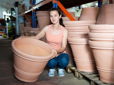 Young Woman Customer Choosing Big Clay Pot for Garden Stock Image ...