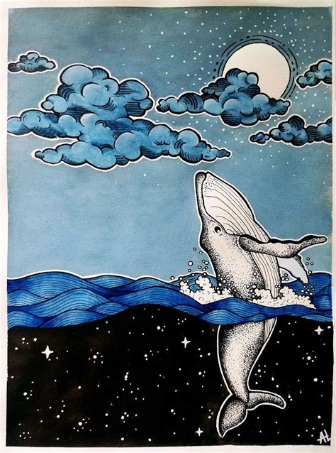 Space Whale, Watercolor and Ink, 5x7" : Art | Whale art, Art drawings beautiful, Whale painting