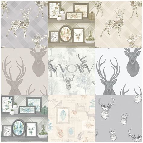 STAG WALLPAPER - FLORAL NATURE FEATURE WALL GREY | eBay