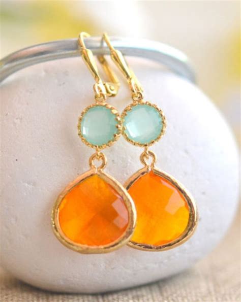 Orange and Aqua Dangle Earrings in Gold. Drop Earrings. | Etsy | Fashion earrings, Bridesmaid ...