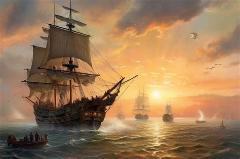 Premium AI Image | A painting of a ship in the sea with a sunset in the ...