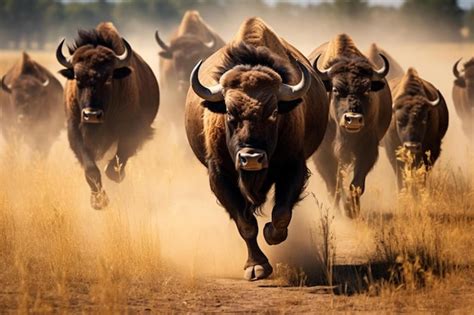 Premium AI Image | a herd of buffalo running in a field.