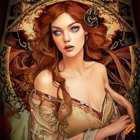 Detailed artwork of a beautiful woman with wavy brown hair and bright ...