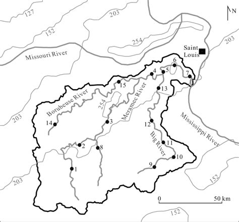 Map of East-Central Missouri showing the 10 300 km 2 Meramec River ...