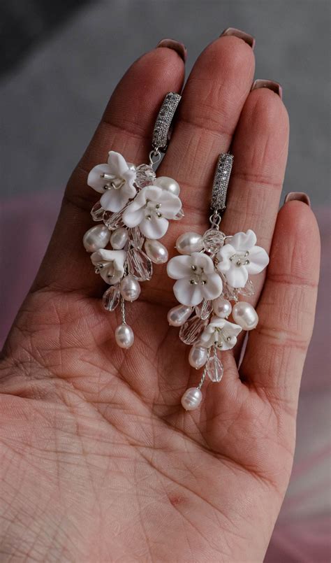 Bridal white flower branch earrings with freshwater pearls | Etsy in 2020 | Bridal earrings ...