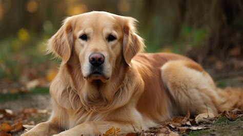 Premium AI Image | A golden retriever dog laying on leaves