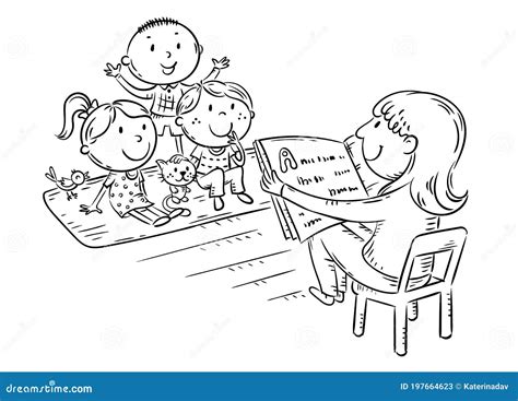 Teacher Reading To Kids in the Kindergarten, Black and White Illustration Stock Vector ...