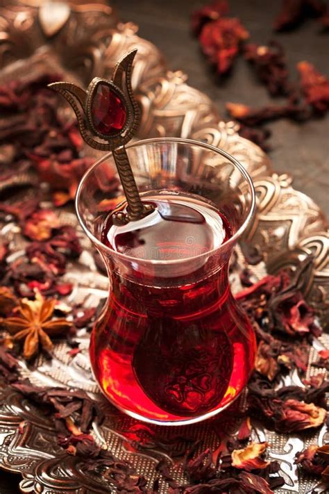 Eastern Red Tea Karkade in a Traditional Turkish Glass. Stock Image ...