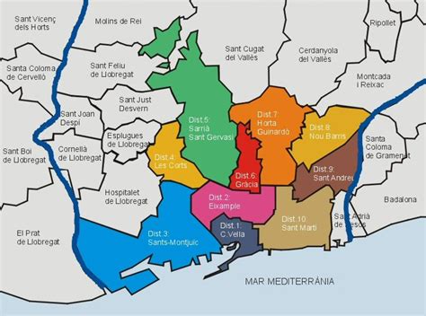 Map of Barcelona 10 boroughs (distritos) & neighborhoods