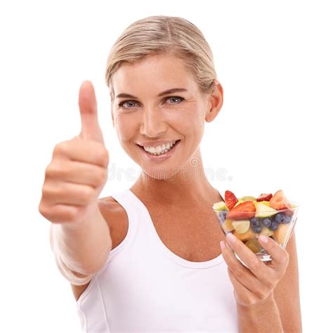 Diet, Fruit Salad and Portrait of Woman with Thumbs Up, Eating Healthy and Happy Isolated on ...
