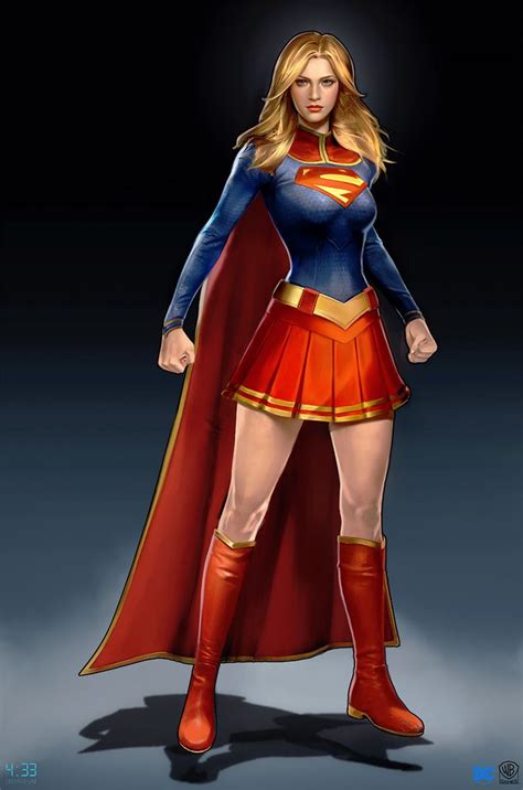 a woman dressed as a supergirl standing in front of a dark background ...