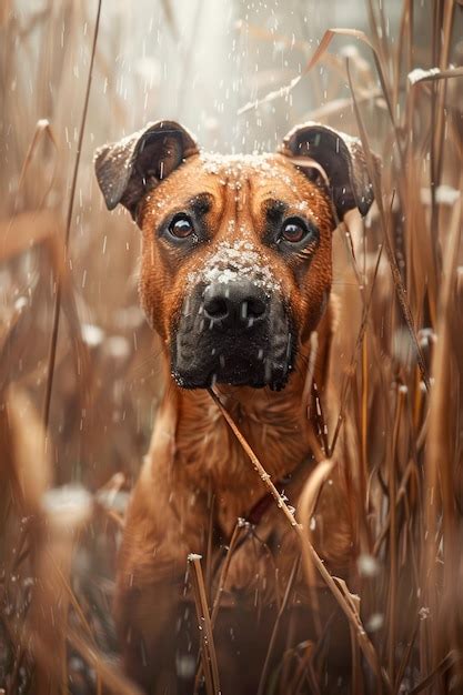 Premium Photo | Majestic Brown Dog with Soulful Eyes Amidst Snow Flurried Tall Grass in Nature