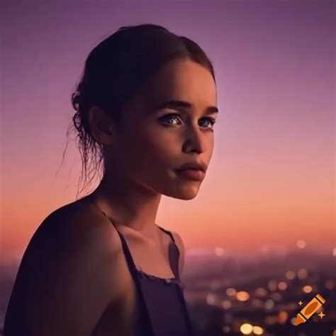 Night view of los angeles skyline with emilia clarke on Craiyon