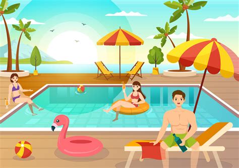 Swimming Pool Vector Illustration with Summer Vacation Landscape ...