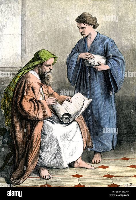 Paul in a Roman prison writing the Epistles. Hand-colored woodcut Stock ...