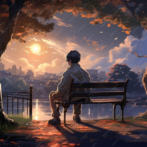 Anime boy sits on bench in the park generative AI | Premium AI-generated image