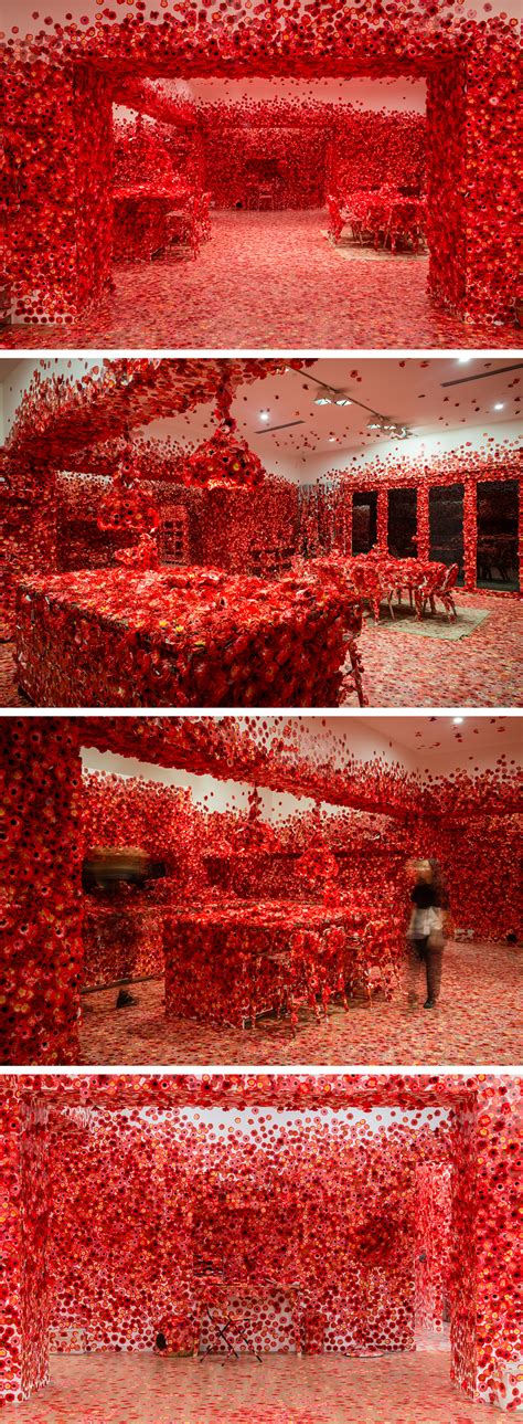 three different shots of red and white art installation in a building with people walking through it