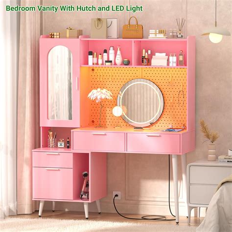 Homieasy 48'' Makeup Vanity with Hutch, White Bedroom Vanity with Charging Station and LED, Tall ...