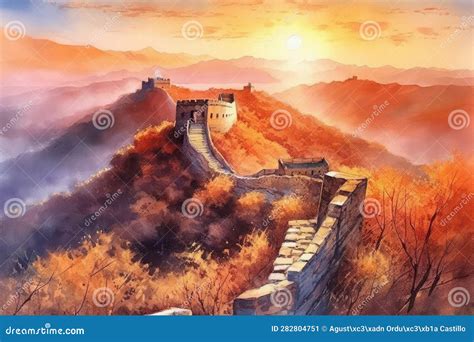 Watercolor Drawing Painting of the Great Wall of China, Sunset. Stock Illustration ...